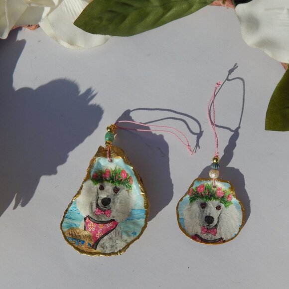 Set of 2 White Poodle - Oyster & Scallop Shell - Decoupage Ornaments - Picture 1 of 3